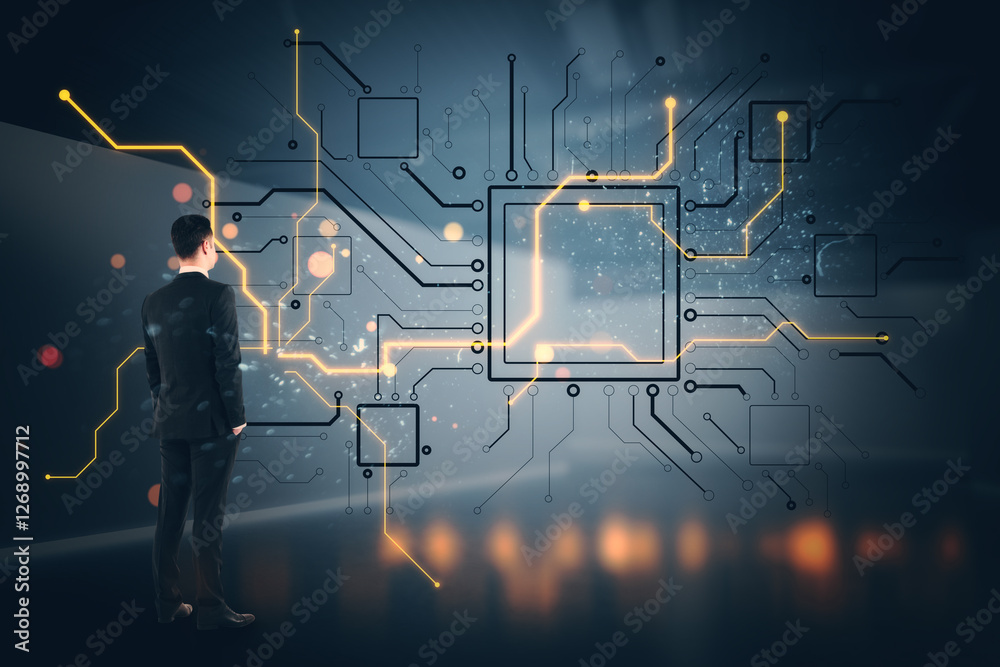 Poster businessman observing glowing circuit structure in futuristic digital environment.