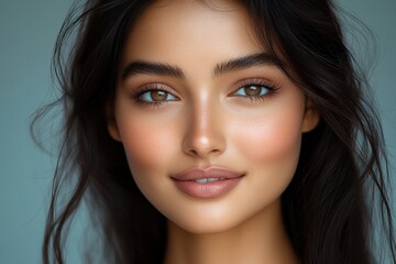 Obraz premium Portrait of a young woman with glowing skin and expressive eyes captured in soft natural light, showcasing beauty and tranquility