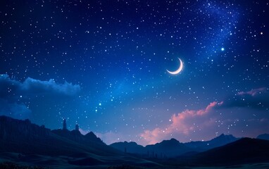 Starry night landscape with crescent moon over mountains
