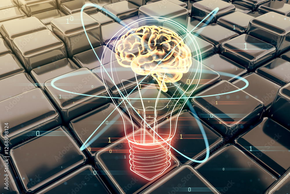 Poster futuristic concept of artificial intelligence with brain inside a glowing lightbulb.