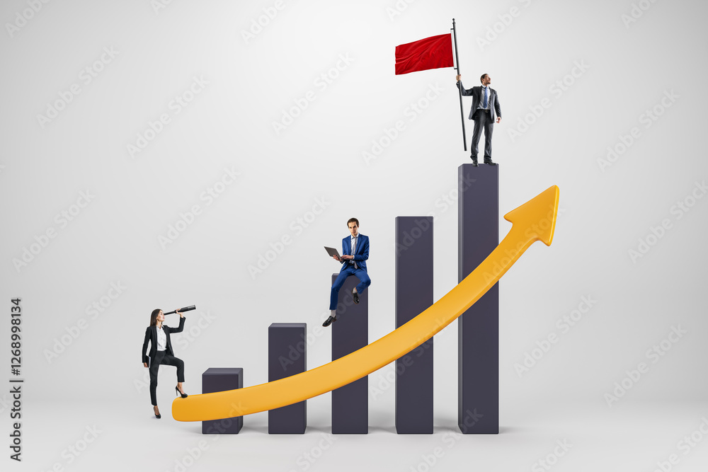 Poster businesspeople climbing bar chart with upward arrow and red flag.