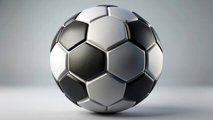 Obraz premium A classic black and white soccer ball against a neutral background, highlighting its geometric pattern. The lighting highlights the ball's shiny surface, giving it a three-dimensional appearance.AI