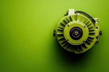 Industrial green motor with radial fin structure on green backdrop