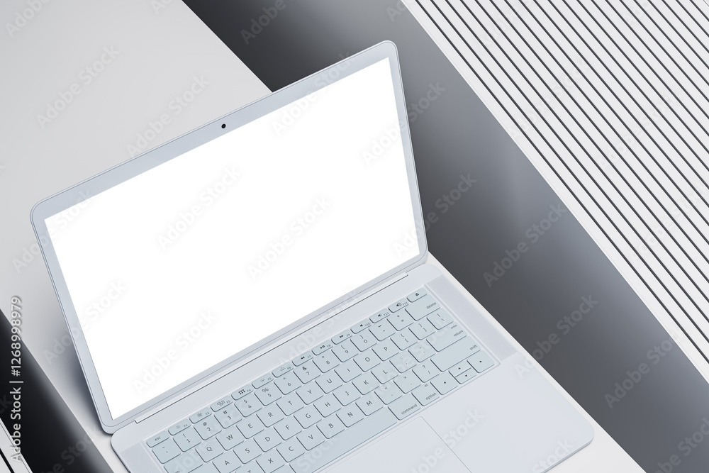 Poster Modern white laptop with blank screen on abstract background. 3D Rendering