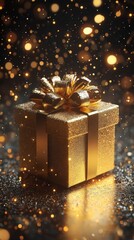 Golden gift box with sparkling decorations and festive atmosphere during a celebration in a dimly lit environment
