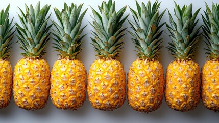 Fototapeta premium A vibrant arrangement of fresh pineapples lined up against a light background, showcasing their texture