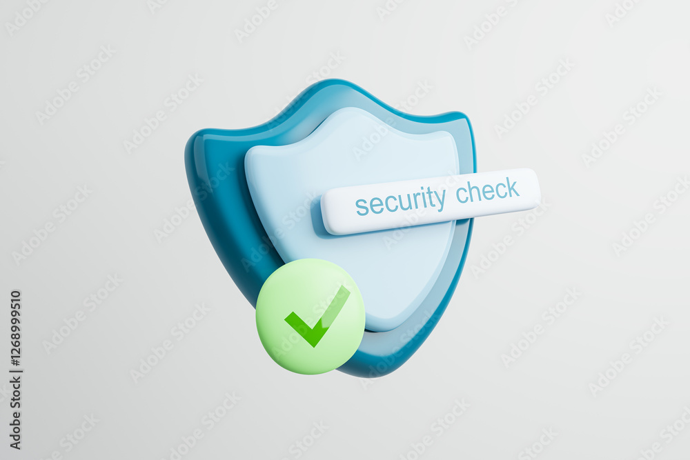 Poster 3D security shield with security check confirmation on light background. 3D Rendering