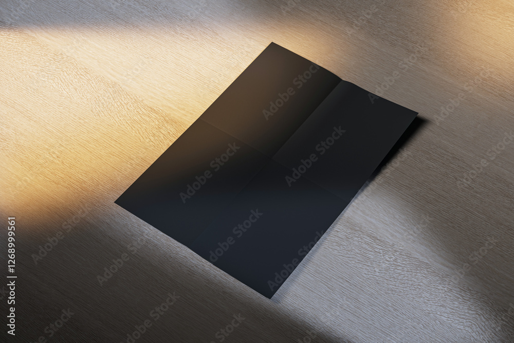Poster Black folded paper mockup on wooden floor with soft light and shadows. 3D Rendering