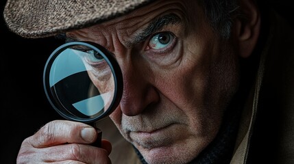Man using a magnifying glass to closely examine a mysterious object in a dimly lit environment