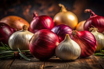 Low Light Still Life: Red and White Onions, Dramatic Lighting, Close-up
