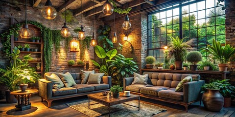 Fototapeta premium Low Light Rustic Industrial Lounge with Lush Greenery