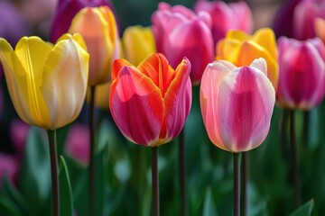 Colorful tulips bloom in a vibrant spring garden showcasing a variety of hues including yellow, pink, and red petals under natural sunlight