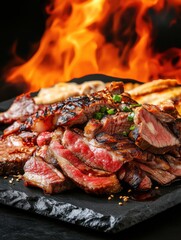 Grilled steak served on a hot stone with flames in the background, showcasing a delicious barbecue feast