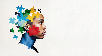Puzzle head concept for brain health. Brain disorder and mental health. Human head with jigsaw pieces for autism awareness. Puzzle pieces surrounding head as symbol of mind.