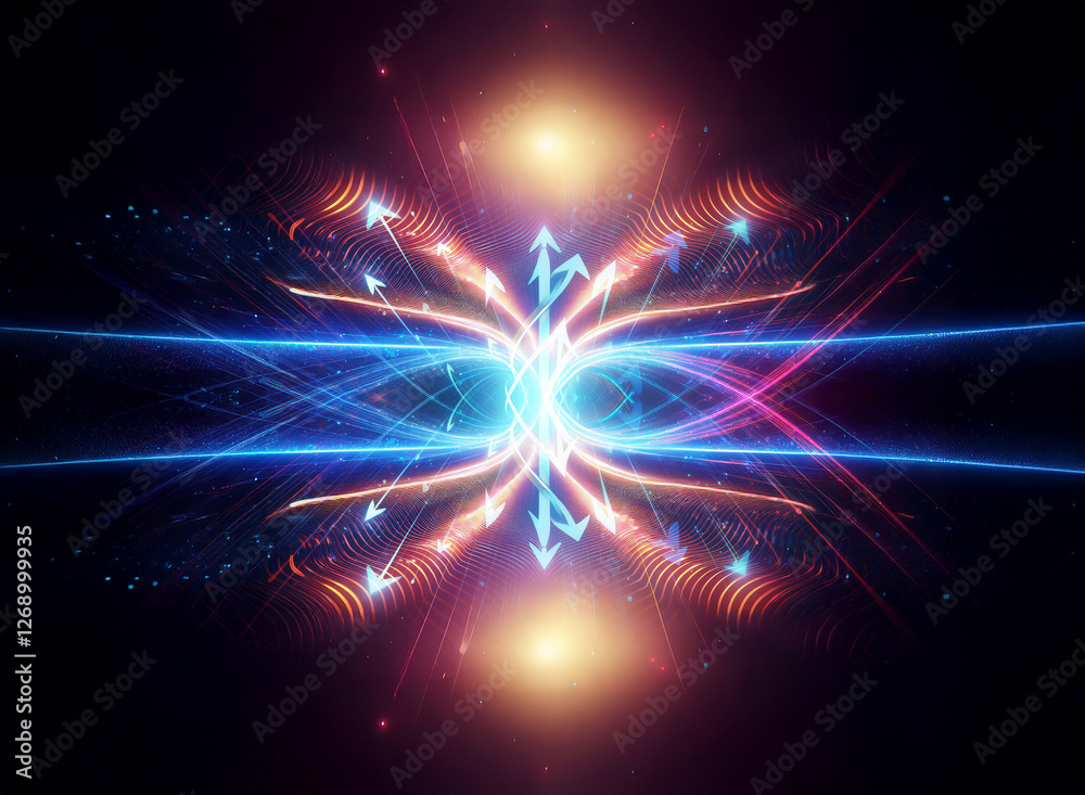 Poster Abstract symmetrical design with glowing blue and orange lines emanating from a central bright point. Arrows point outwards amidst a dynamic and futuristic display of light and energy.