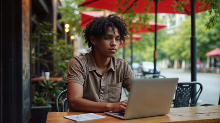 Young man using laptop outdoor cafe. Student learning online class in city. Man working remotely at coffee shop. Guy attending video conference outside.