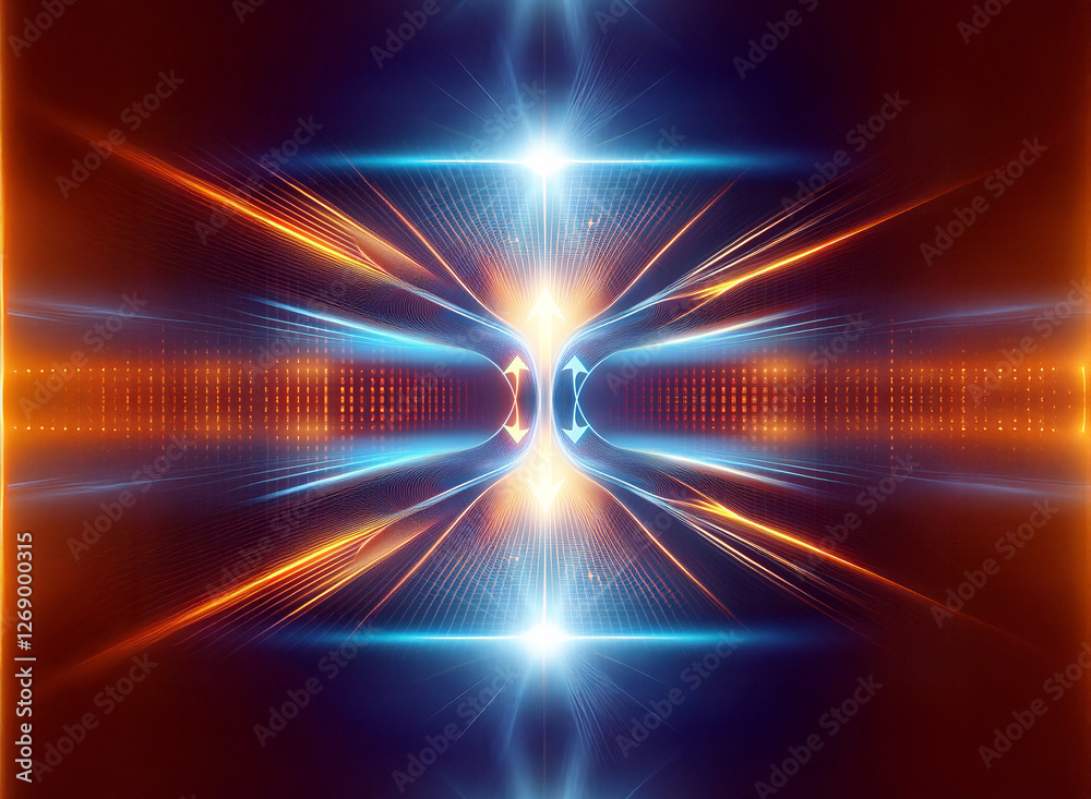 Aufkleber abstract digital art with symmetrical and vibrant glowing lines in blue and orange colors converging