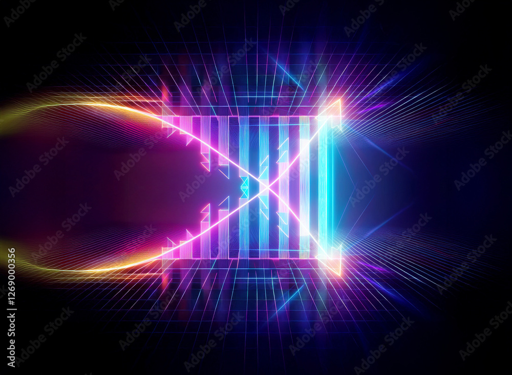 Poster vibrant abstract design with neon lights creates a futuristic and technological feel. geometric shap