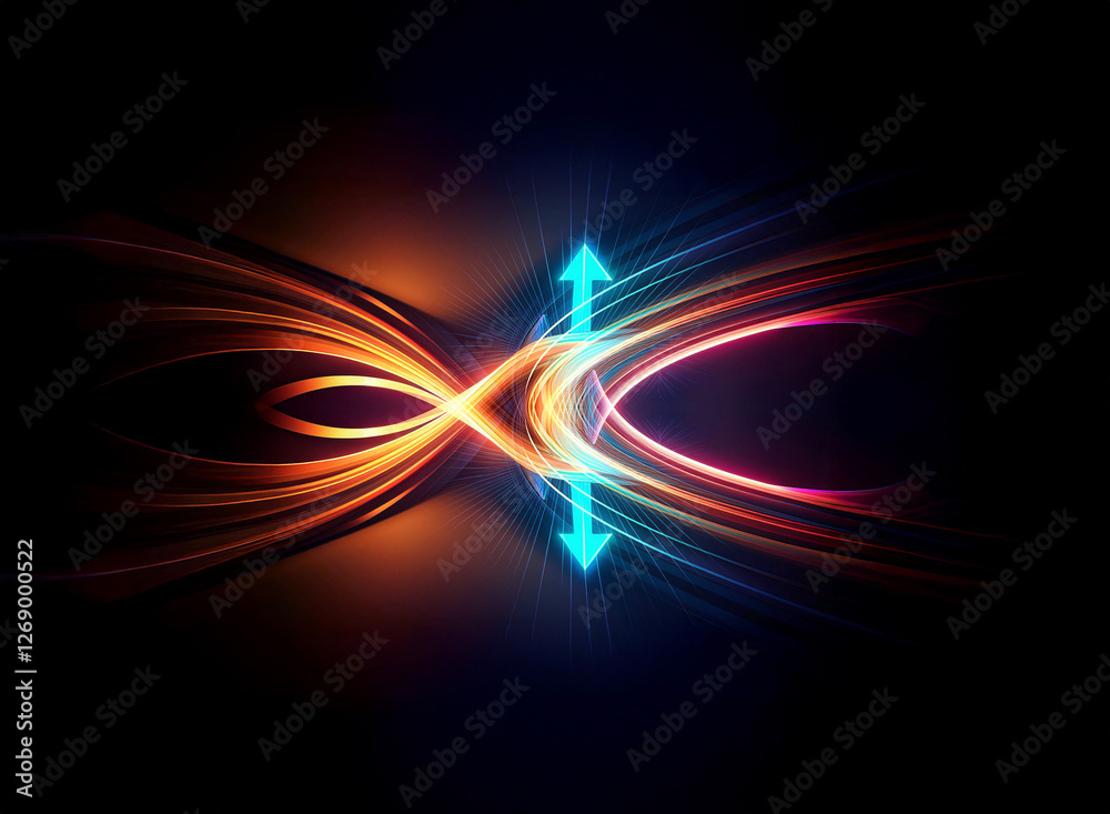 Aufkleber abstract light streaks form a symmetrical, glowing shape against a dark backdrop. a blue arrow verti