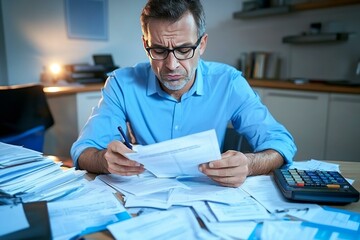 Upset man in stress paying bills counting finance with calculator bank papers expenses and payments