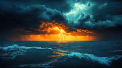 Powerful storm clouds gather over the ocean as lightning illuminates the dramatic sunset