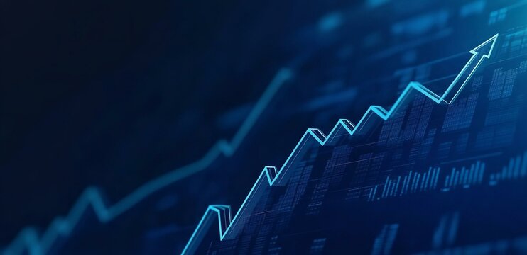 Abstract financial graph with uptrend line and arrows in stock market on blue color background