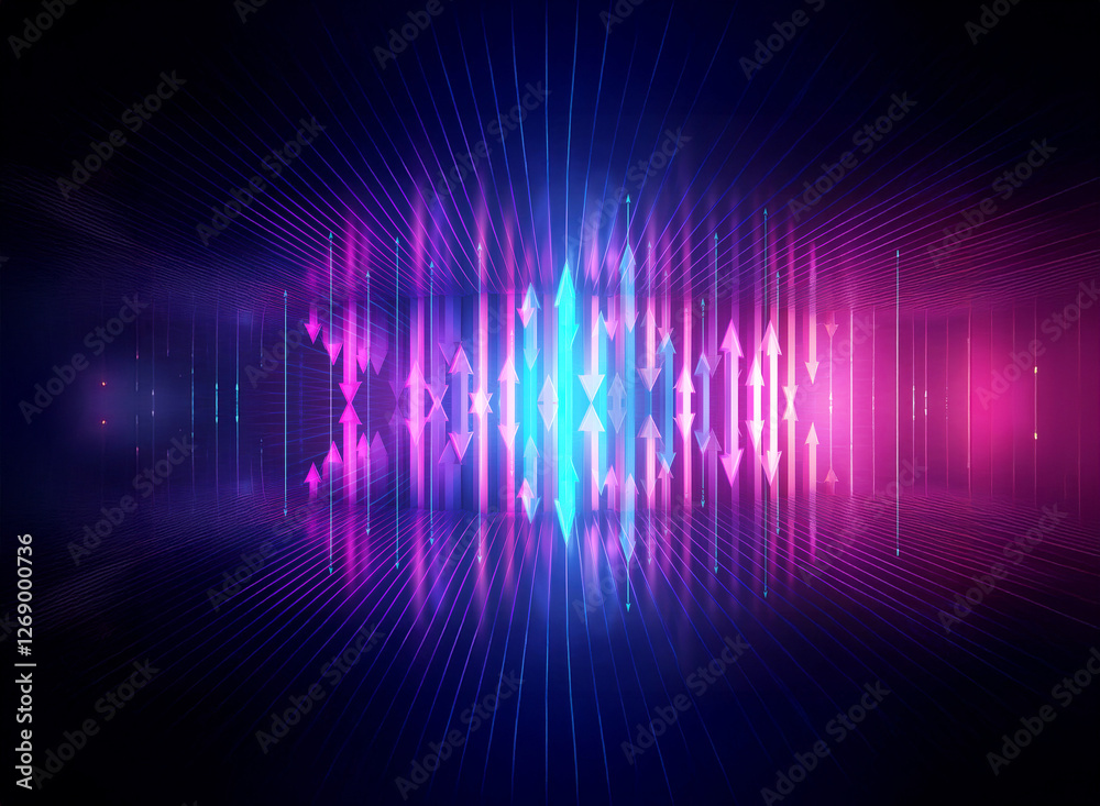 Poster vibrant abstract design featuring dynamic blue and pink light rays emanating from the center against