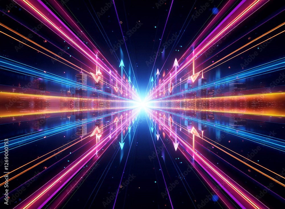 Poster vibrant streaks of blue, pink, and orange light converge in a perspective view from a central bright