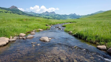 Mountain stream flows through grassy meadow, scenic background