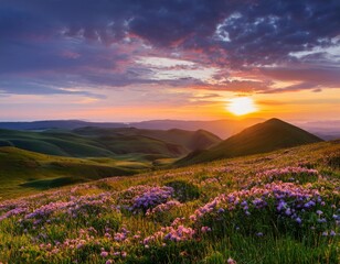 Fototapeta premium A sunset over rolling grasslands dotted with wildflowers