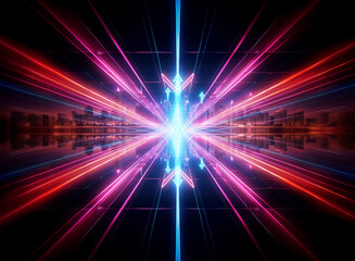 Vibrant abstract image featuring radiating neon lines of blue, pink, and red converging at a central point, creating a futuristic and dynamic visual.