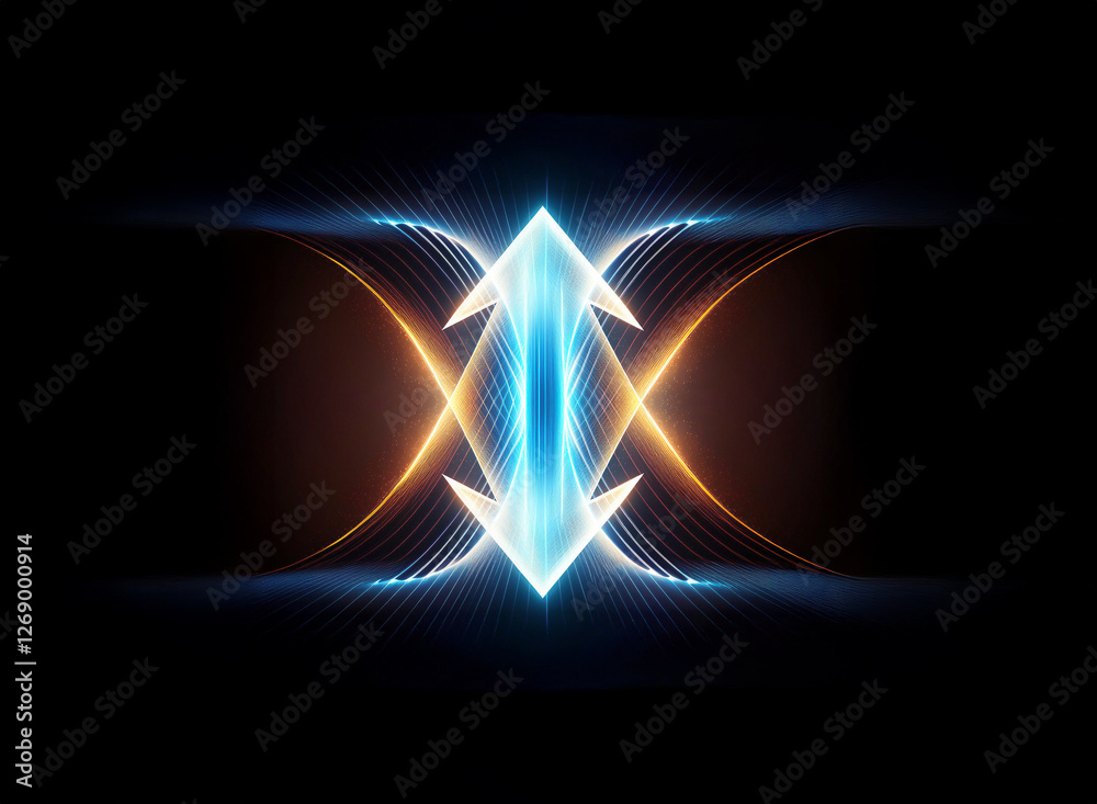 Leinwandbilder Abstract symmetrical design featuring glowing blue and orange arrow-like shapes converging at the center against a dark backdrop, creating a futuristic and dynamic visual.