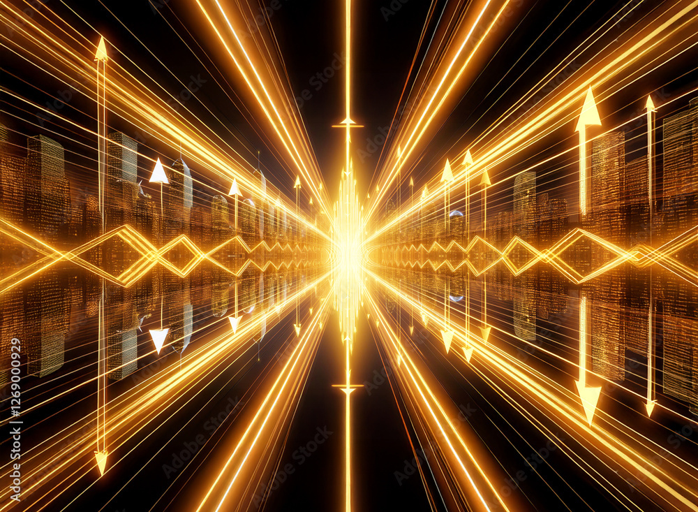 Poster Golden light lines converge in a perspective view, creating a luminous tunnel effect with geometric arrow patterns against a dark background, focusing on a bright central point.