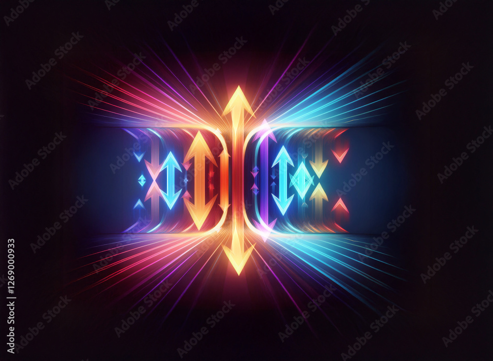 Poster Vibrant abstract design with glowing arrows radiating inwards and outwards.  Dynamic motion and energy are conveyed through the colorful light beams on a dark backdrop.