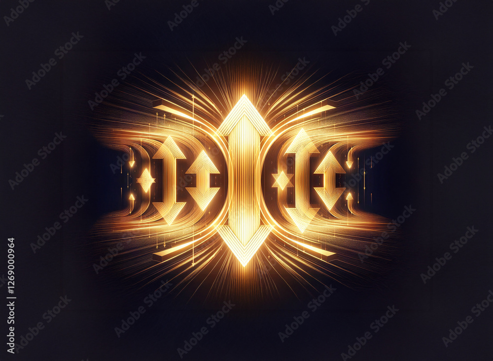 Aufkleber Abstract symmetrical shape with golden glow on a dark background. Features arrow-like elements and radiating light streaks, creating a futuristic, energetic feel.