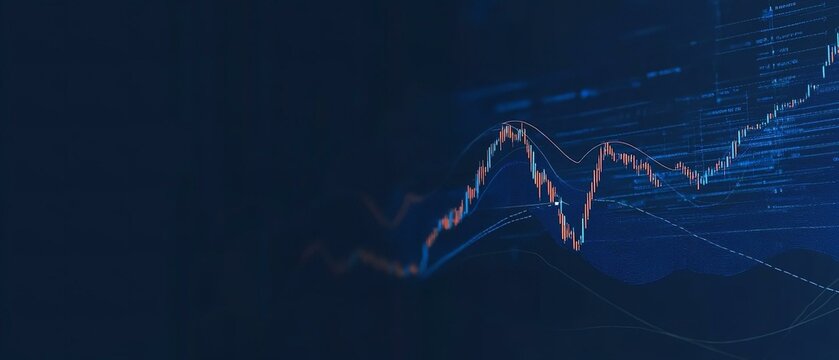 Widescreen Abstract financial graph with uptrend line and bar chart of stock market on blue color background