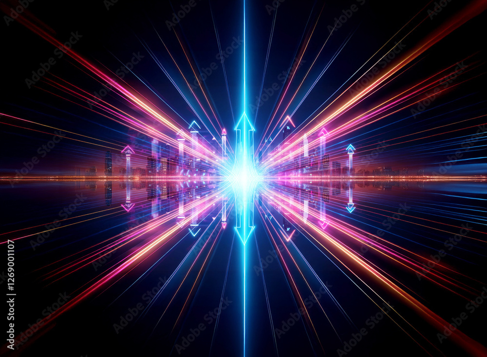 Aufkleber Vibrant abstract image of a central bright light source emitting blue and red rays. Arrows pointing inward and outward create a sense of dynamic motion and energy.