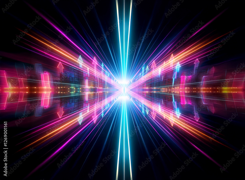 Poster vibrant lights in blue, pink, and orange burst from a central point on a dark backdrop. geometric li