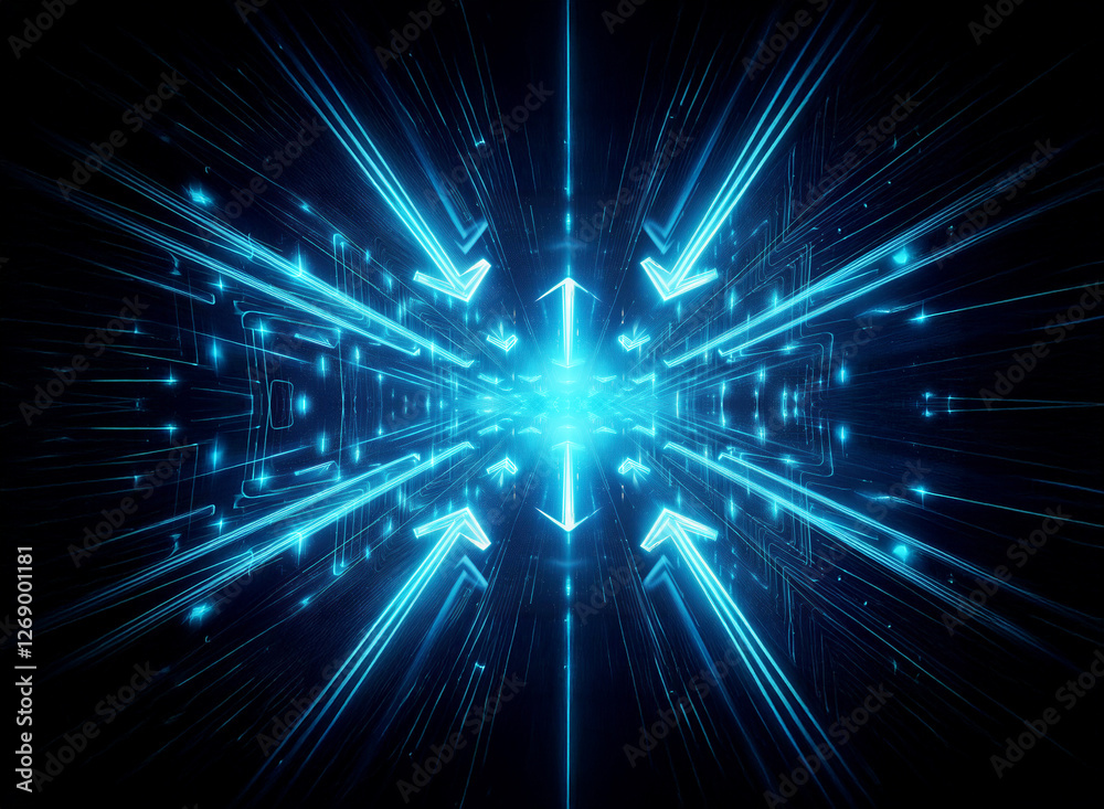 Poster futuristic abstract blue light streaks form a tunnel with arrows converging toward the center, creat