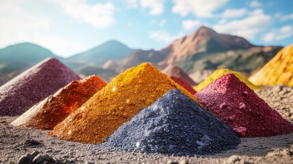 Colorful powder mounds with mountainous background.