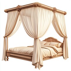 Cozy canopy bed with sheer curtains isolated on white