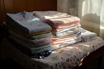 Collection of neatly folded baby clothes in soft pastel colors on a table near a sunlit window. Generative AI