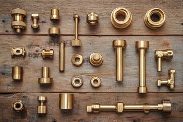Collection of brass plumbing fittings arranged on wooden surface showcasing various shapes and sizes. Generative AI