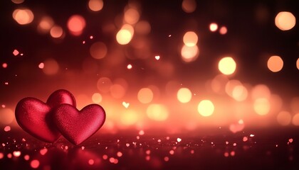 A beautiful bokeh golden background with two red hearts representing love in honor of Saint Valentine