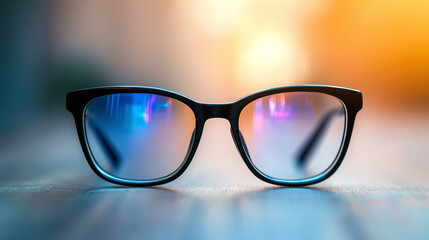 a close up of eyeglasses made of plastic black color  frame on a wooden surface for showing isolated on a blurred light background