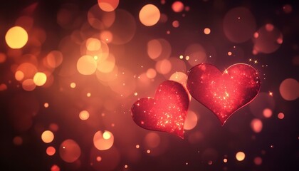 A beautiful bokeh golden background with two red hearts representing love in honor of Saint Valentine