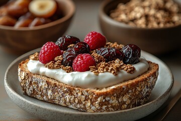 Delicious oat bread topped with yogurt, dried fruits, and fresh raspberries enjoyed at a cozy kitchen table