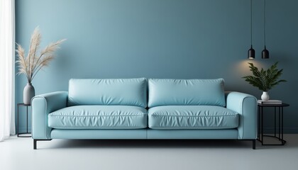 Italian leather sofa in a sleek light blue interior with elegant backlit decor