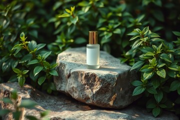 Clear skincare bottle with blank white label and golden lid. Natural background with green leaves and sunlight. Ideal for cosmetics and skincare product mockup.