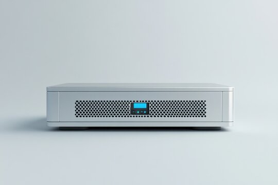 Silver rectangular server box with black mesh and blue display